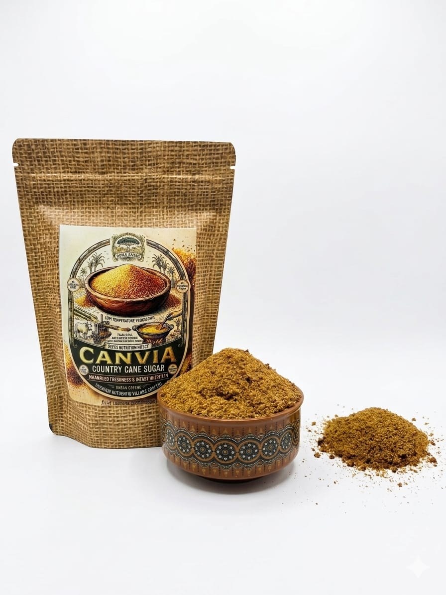 CANVIA Country Cane Sugar jaggery powder pouch beside a bowl of jaggery powder