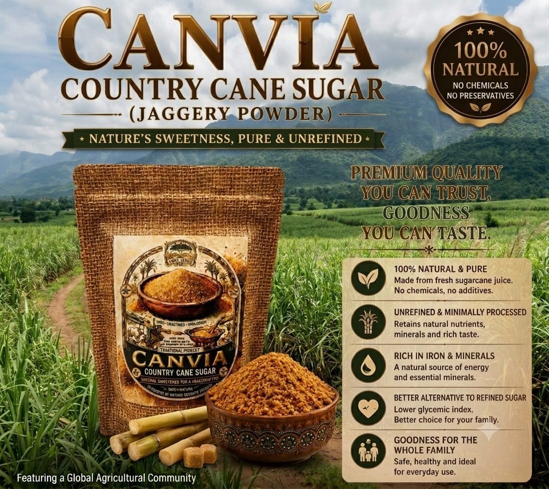CANVIA Country Cane Sugar pouch in a sugarcane field, showing 100% Natural, No Chemicals, No Preservatives quality badges
