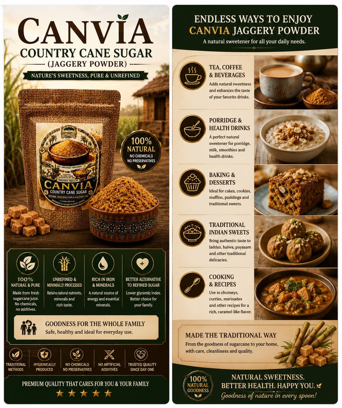 Ways to use CANVIA Country Cane Sugar — tea and coffee, porridge and health drinks, baking and desserts, traditional Indian sweets, cooking and recipes